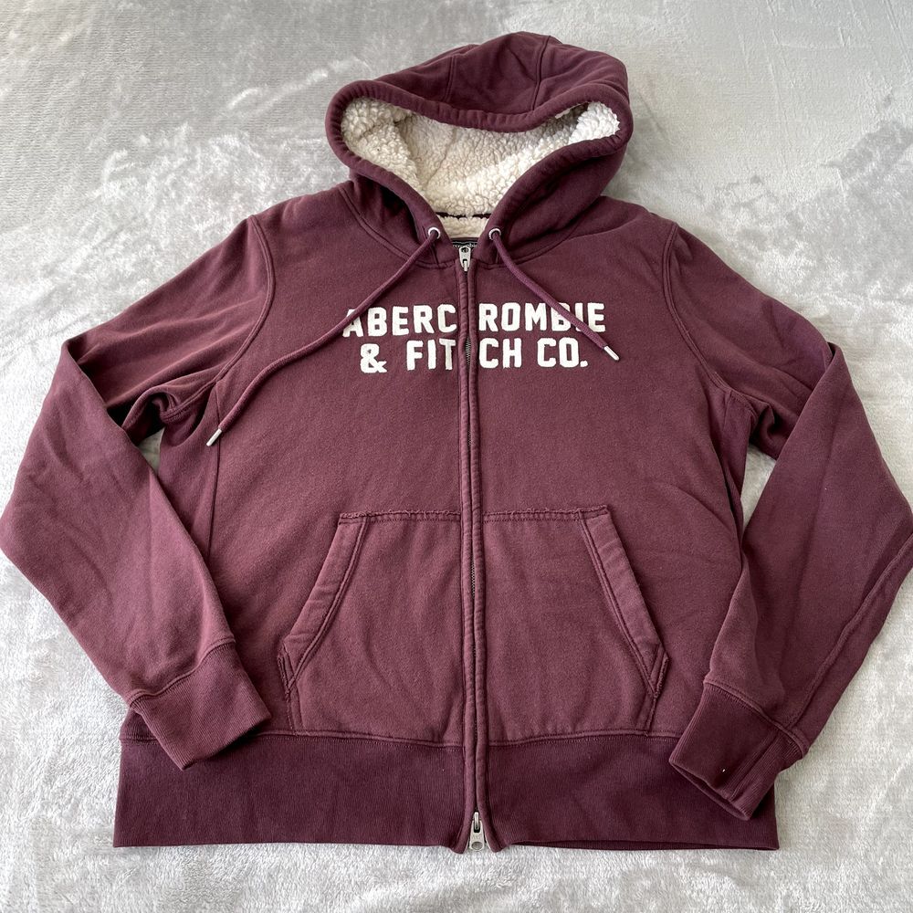 Abercrombie & Fitch Sherpa Lined Hoodie Jacket Men XL Brick Red Embroidered Logo